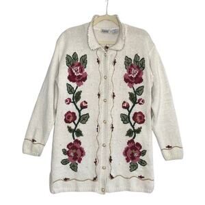 CAPACITY Embroidered Long Cardigan VTG Women M Linen/Cotton Retro Cottage Y2K
